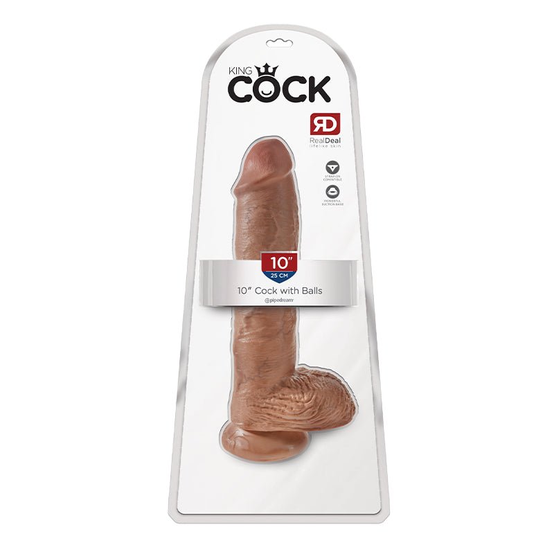 King Cock 10 in. Cock With Balls Realistic Suction Cup Dildo Tan - Royal Sins