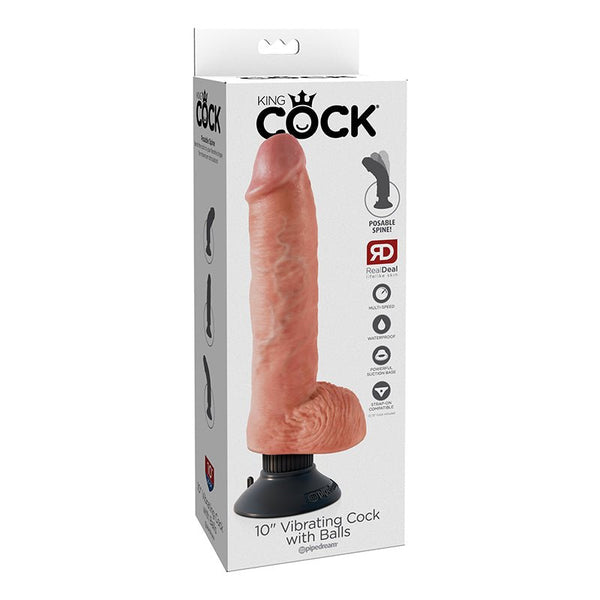 King Cock 10 in. Vibrating Cock With Balls Poseable Suction Cup Dildo Beige - Royal Sins