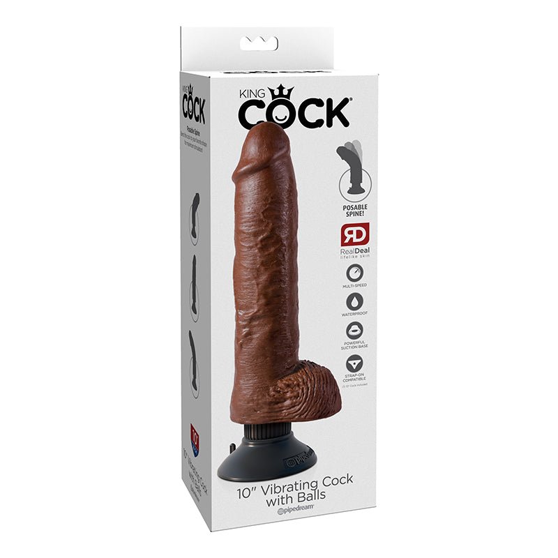 King Cock 10 in. Vibrating Cock With Balls Poseable Suction Cup Dildo Brown - Royal Sins