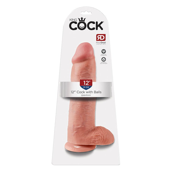 King Cock 12 in. Cock With Balls Realistic Suction Cup Dildo Beige - Royal Sins