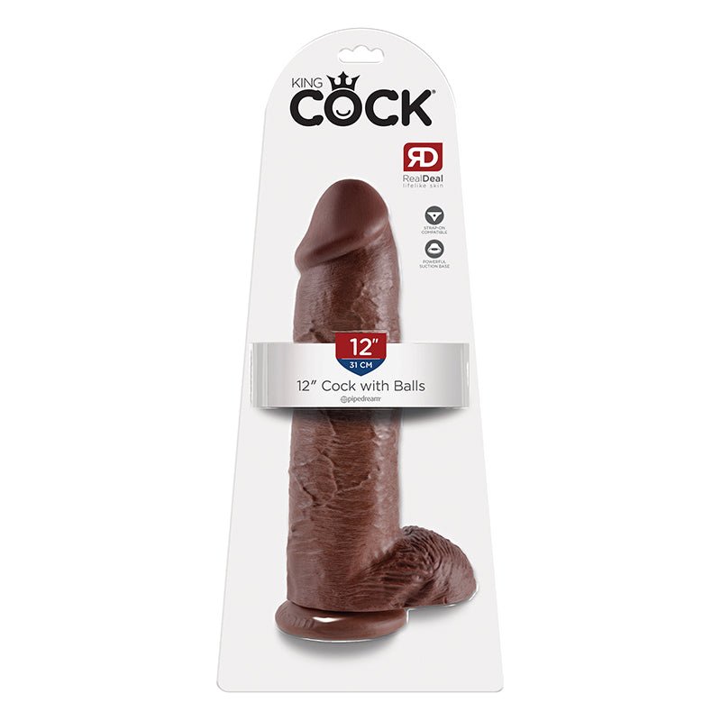King Cock 12 in. Cock With Balls Realistic Suction Cup Dildo Brown - Royal Sins