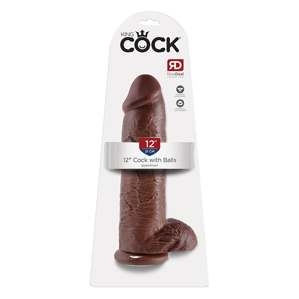 King Cock 12 in. Cock With Balls Realistic Suction Cup Dildo Brown - Royal Sins