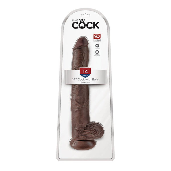 King Cock 14 in. Cock With Balls Realistic Suction Cup Dildo Brown - Royal Sins