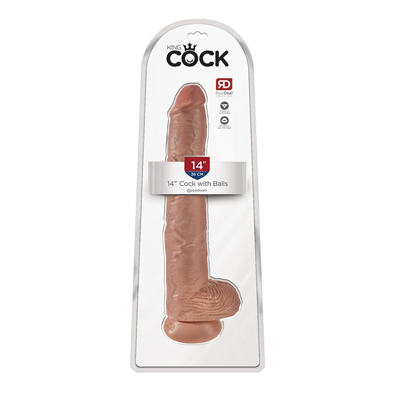 King Cock 14 in. Cock With Balls Realistic Suction Cup Dildo Tan - Royal Sins
