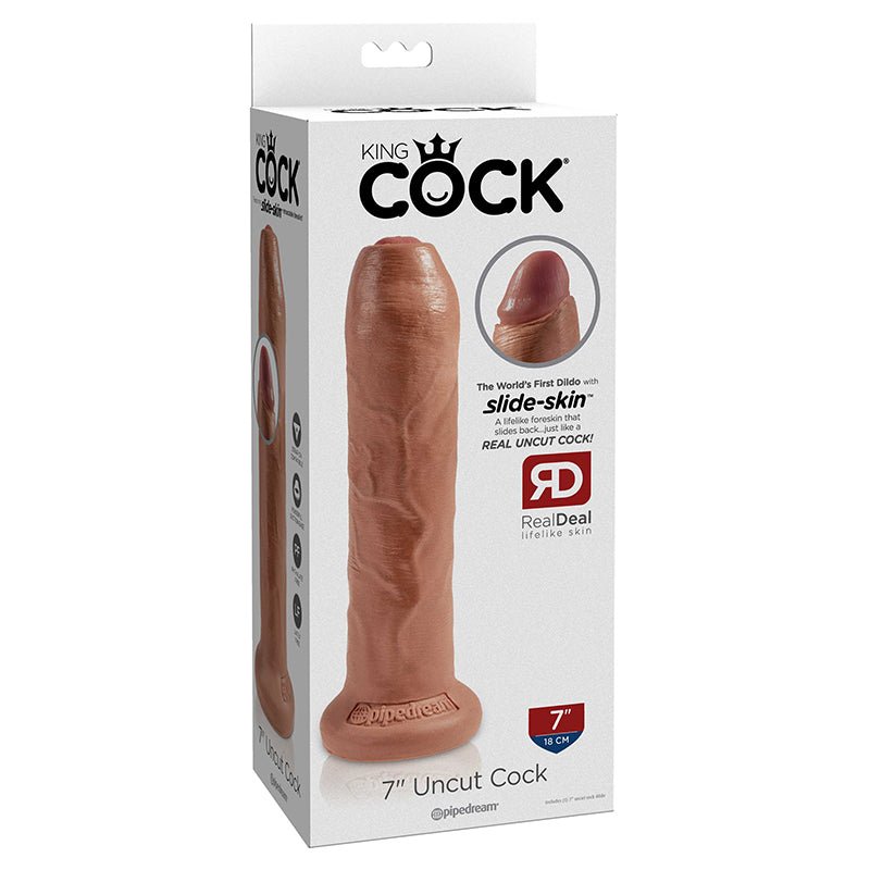 King Cock 7 in. Uncut Cock Realistic Dildo With Moveable Foreskin & Suction Cup Tan - Royal Sins