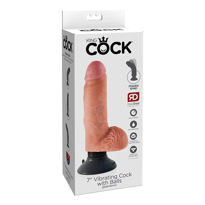 King Cock 7 in. Vibrating Cock With Balls Poseable Suction Cup Dildo Beige - Royal Sins