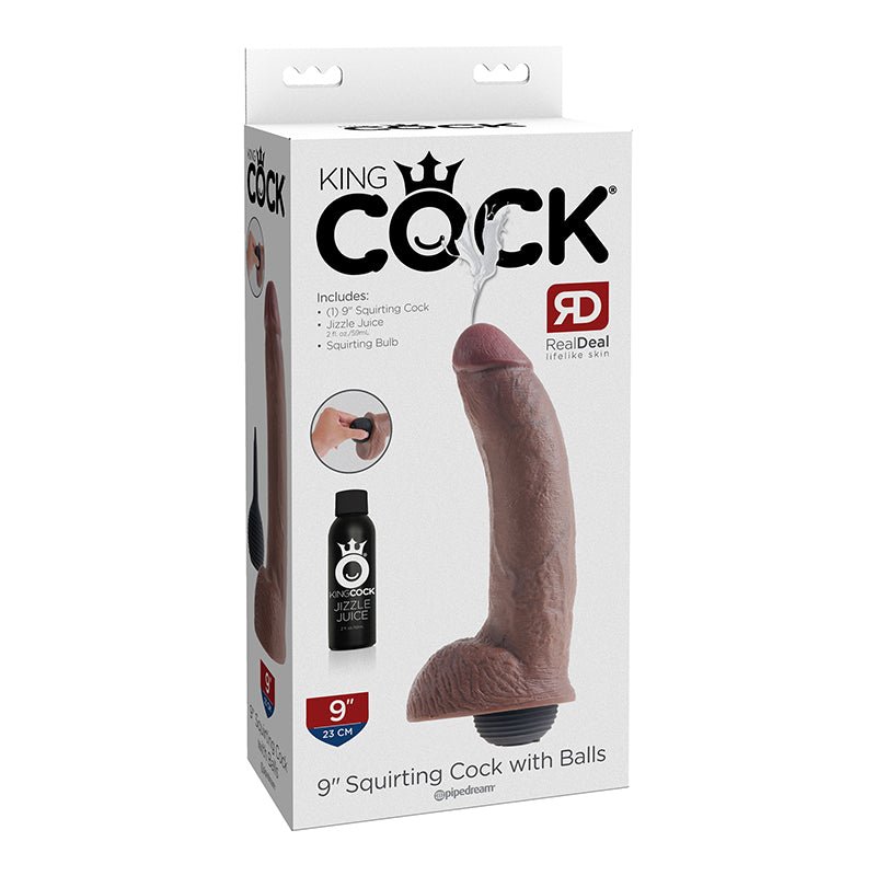 King Cock 9 in. Squirting Cock With Balls Realistic Dildo Brown - Royal Sins