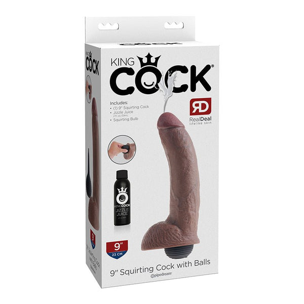 King Cock 9 in. Squirting Cock With Balls Realistic Dildo Brown - Royal Sins