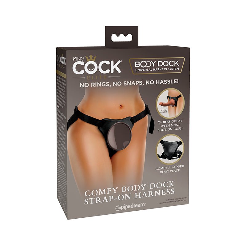 King Cock Elite Comfy Body Dock Strap - On Harness Black - Royal Sins