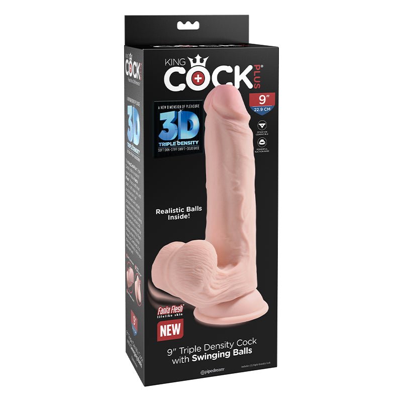 King Cock Plus 9 in. Triple - Density Cock With Swinging Balls Dildo Beige - Royal Sins