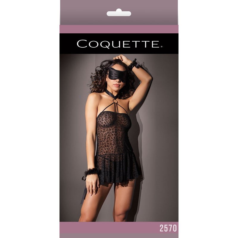 Kitty Leopard Mesh Halter Babydoll W/ Cuffs & Eye Mask OS Packaging Box - Royal Sins