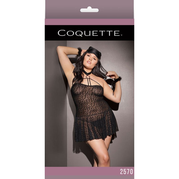 Kitty Leopard Mesh Halter Babydoll W/ Cuffs & Eye Mask XL Packaging Box - Royal Sins