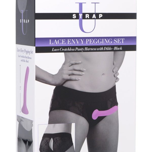 Lace Envy Black Pegging Set with Lace Crotchless Panty Harness and Dildo - L - XL - Royal Sins