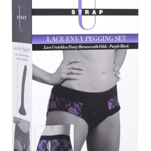 Lace Envy Pegging Set with Lace Crotchless Panty Harness and Dildo - L - XL - Royal Sins