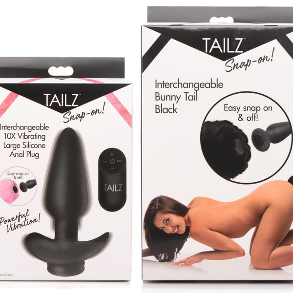 Large Vibrating Anal Plug with Interchangeable Bunny Tail - Black - Royal Sins