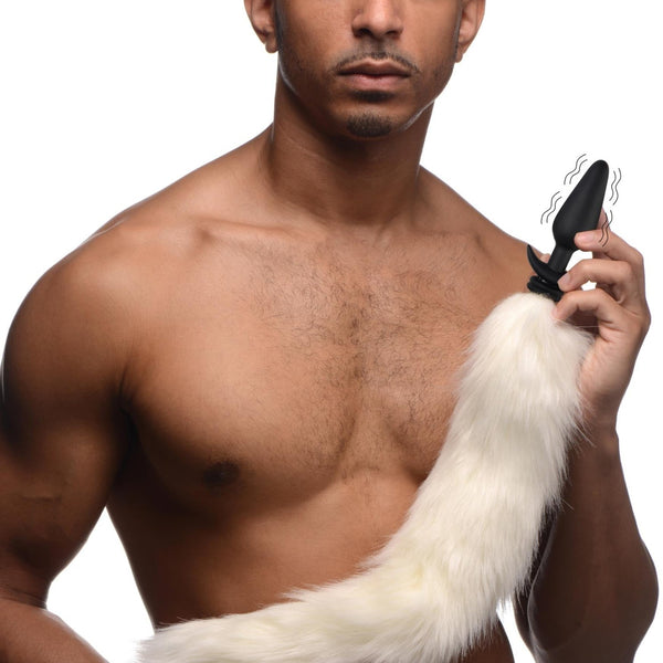 Large Vibrating Anal Plug with Interchangeable Fox Tail - White - Royal Sins