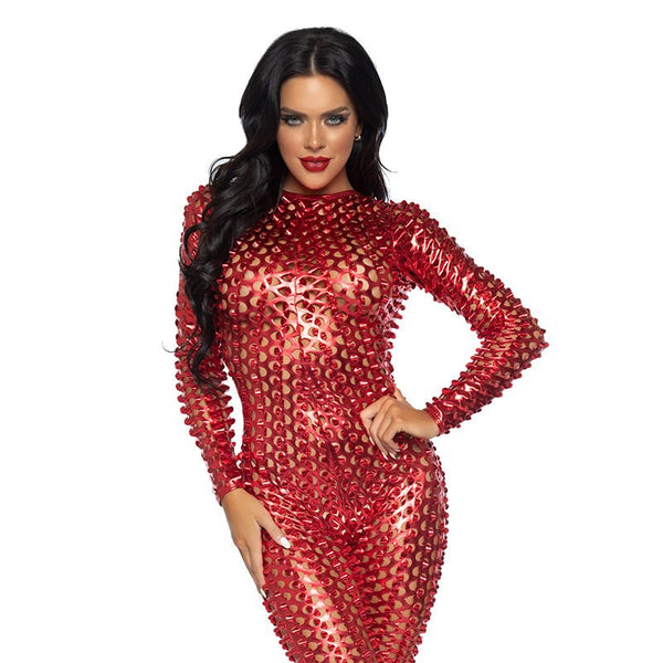 Laser - Cut Metallic Catsuit Red Medium - Royal Sins