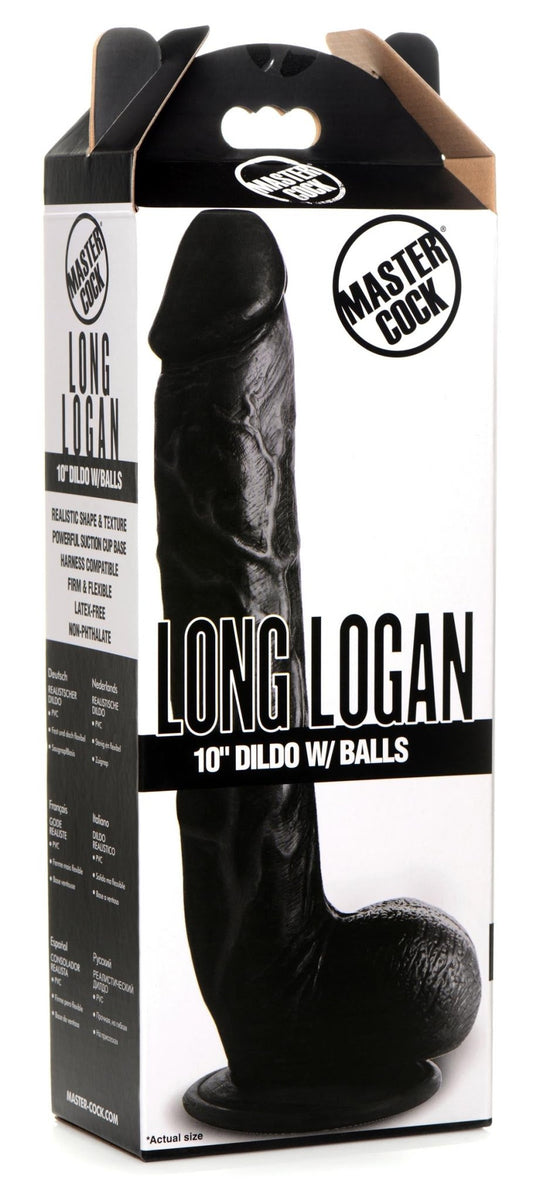 Long Logan 10 Inch Dildo with Balls - Black - Royal Sins