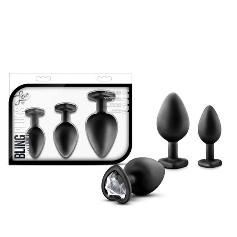 Luxe 3 - Piece Bling Plug Training Kit with White Gem Base Black - Royal Sins