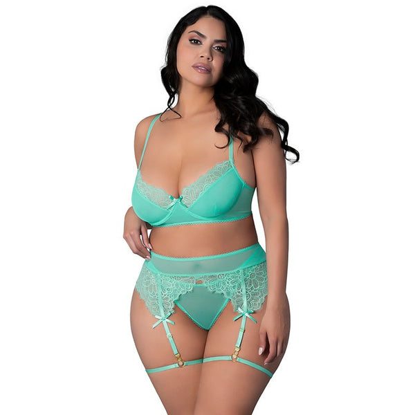 Magic Silk Caribbean Crush Demi Bra & Thong with Garter Set Aqua Glow Queen Size - Royal Sins