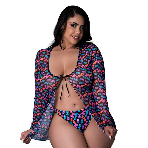 Magic Silk Hazy Dayz Tie Front Jacket & Thong Set Gummy Bears Queen Size - Royal Sins