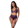Magic Silk Leather & Lace Bralette, Garter Skirt & Thong Set Plum L/XL - Royal Sins