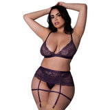 Magic Silk Leather & Lace Bralette, Garter Skirt & Thong Set Plum Queen Size - Royal Sins