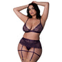 Magic Silk Leather & Lace Bralette, Garter Skirt & Thong Set Plum Queen Size - Royal Sins