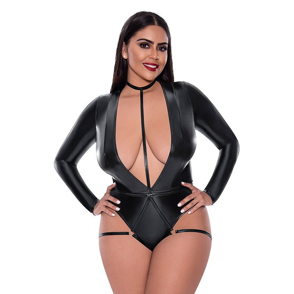 Magic Silk Liquid Onyx Long Sleeve Teddy with Harness Caging Black Queen - Royal Sins