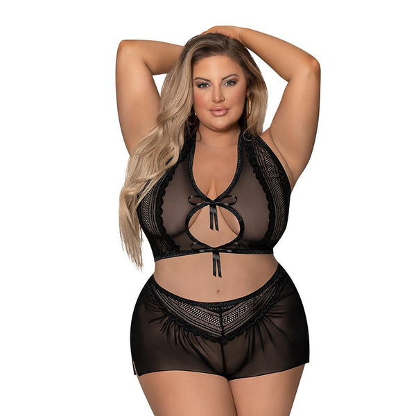 Magic Silk Modern Romance Halter & Tap Panty Black Queen Size - Royal Sins