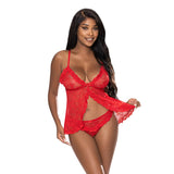 Magic Silk Ooh La Lace Babydoll & Split - Crotch Panty Set Red L/XL - Royal Sins