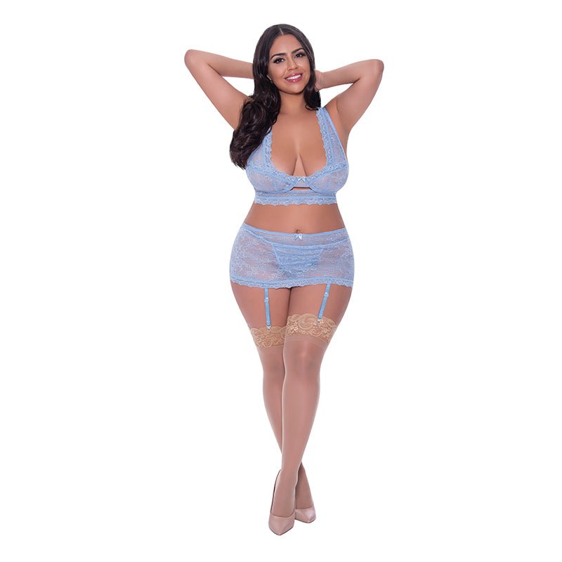 Magic Silk Ooh La Lace Bralette, Garter Skirt & G - String Set Periwinkle Queen Size - Royal Sins