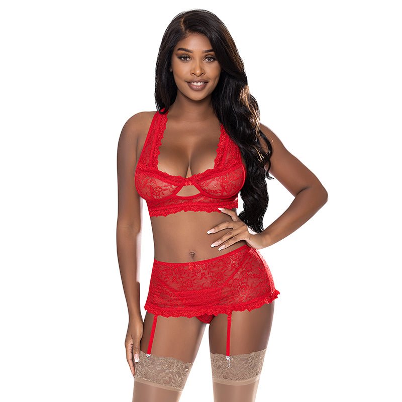 Magic Silk Ooh La Lace Bralette, Garter Skirt & G - String Set Red L/XL - Royal Sins