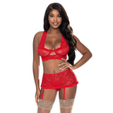 Magic Silk Ooh La Lace Bralette, Garter Skirt & G - String Set Red S/M - Royal Sins