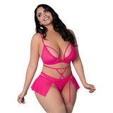 Magic Silk Pink Kink Bralette, High Leg Panty & Garter Skirt Set Pink Glow Queen Size - Royal Sins