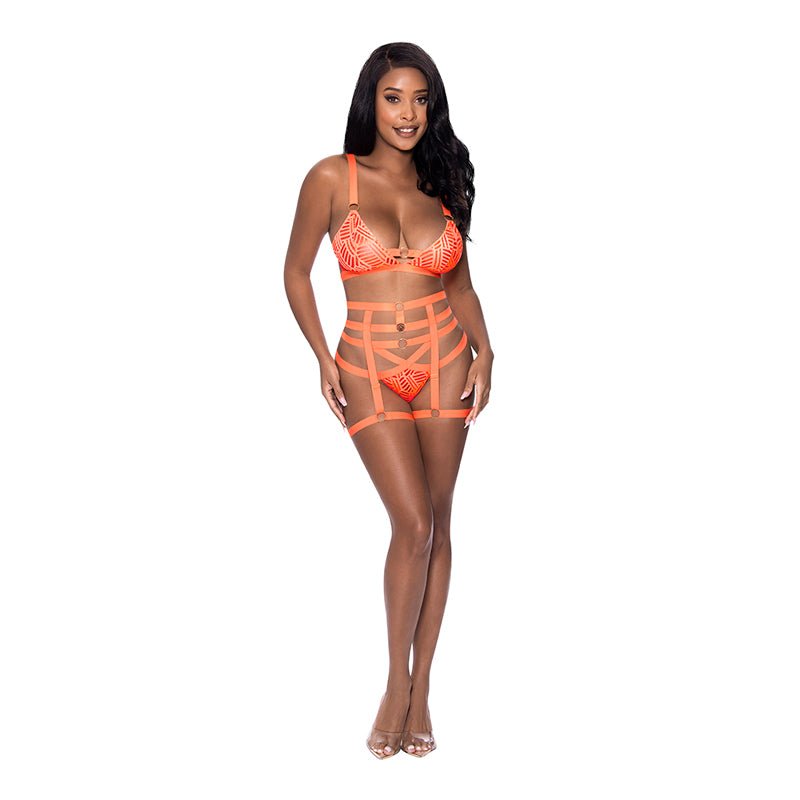 Magic Silk Rude Awakening Bralette, Thigh High Garter & Cheeky Panty Set Neon Orange L/XL - Royal Sins