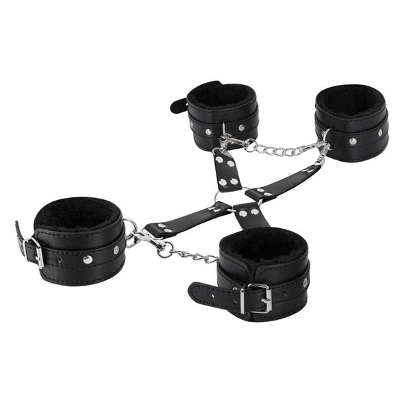 Male Power Leather All 4's Fuzzy Cuff Set Black - Royal Sins