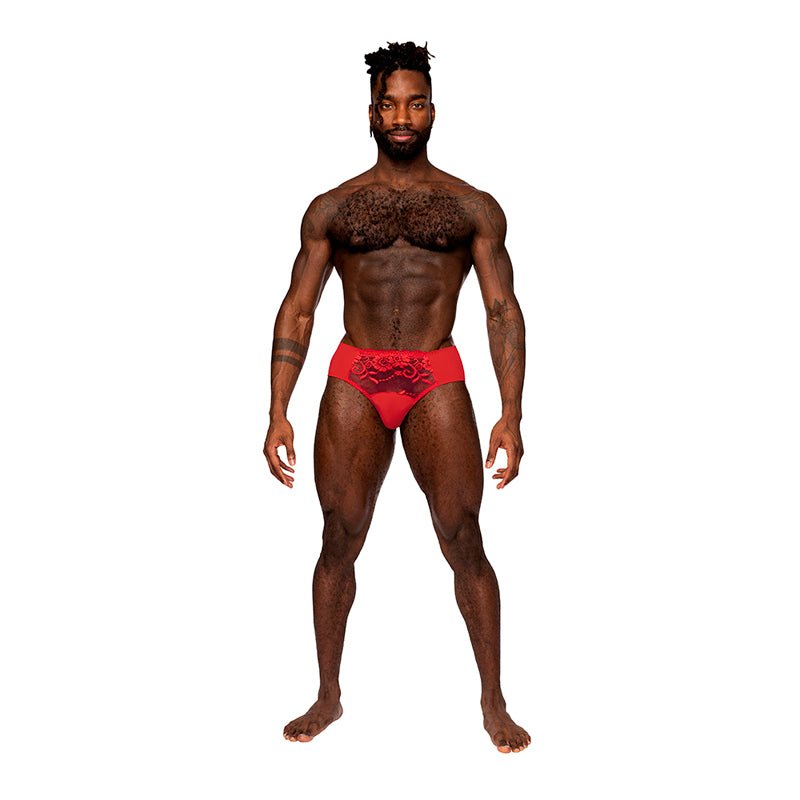 Male Power Sassy Lace Bikini Solid Pouch Red L - Royal Sins