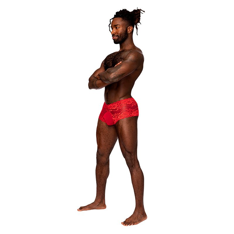 Male Power Sassy Lace Mini Short Sheer Pouch Red S - Royal Sins