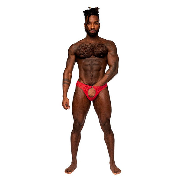 Male Power Sassy Lace Open Ring Thong Red L/XL - Royal Sins