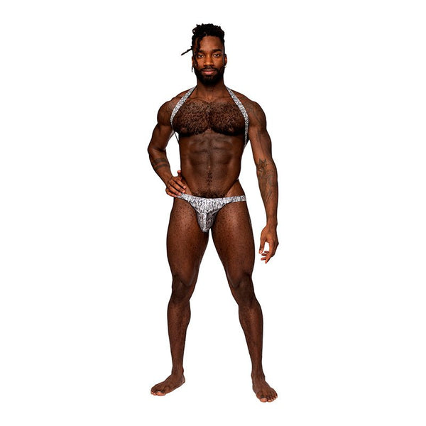 Male Power S'naked Shoulder Sling Harness Thong One - Piece Silver/Black S/M - Royal Sins
