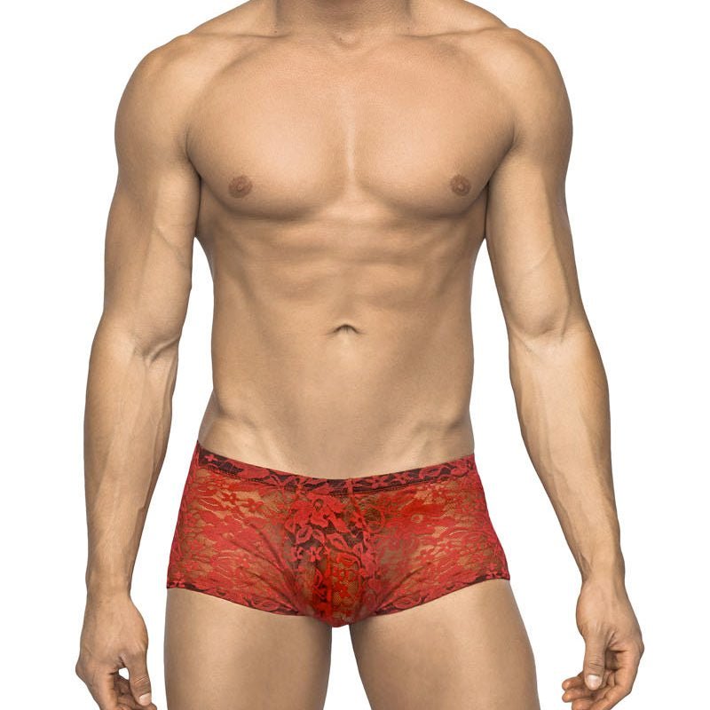 Male Power Stretch Lace Mini Short Red Medium - Royal Sins