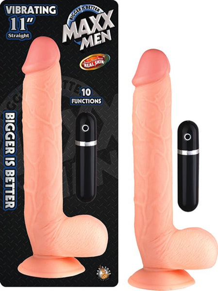Maxx Men Vibrating 11in. Real Skin Straight Dong With Balls & Suction Cup (Ivory) - Royal Sins