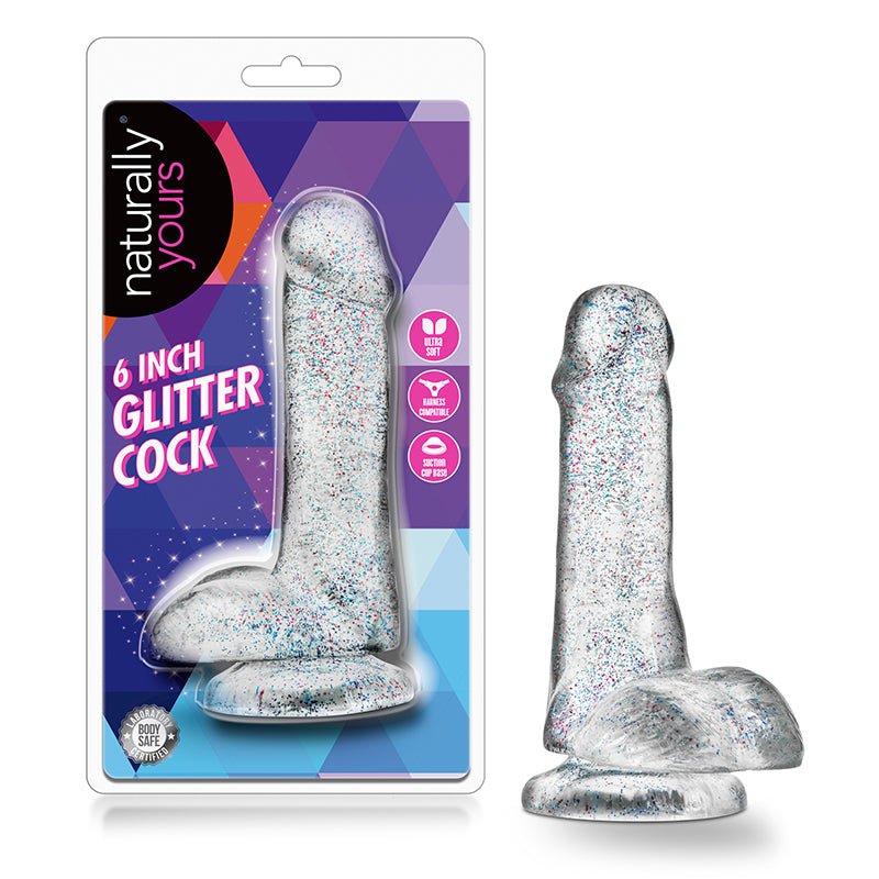 Naturally Yours 6 in. Glitter Cock Realistic Dildo with Balls Sparkling Clear - Royal Sins