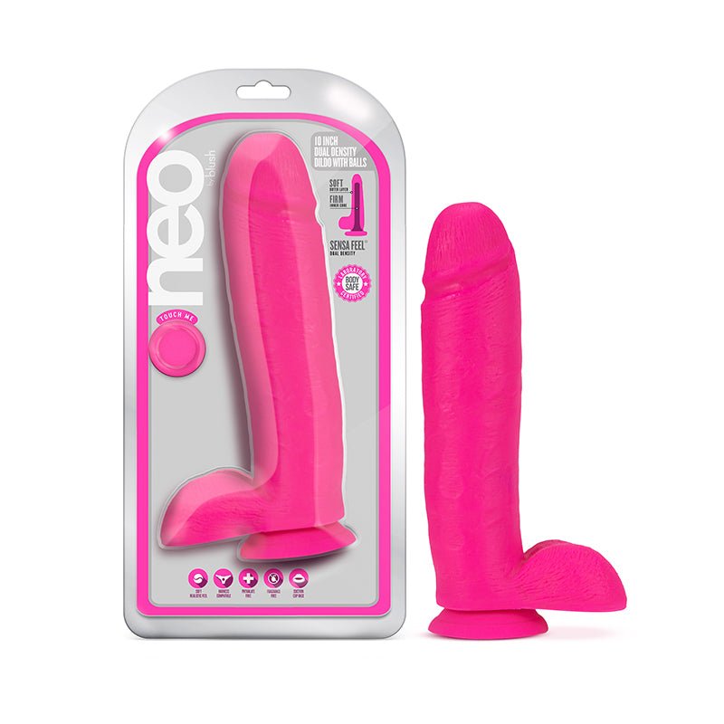 Neo 10 in. Dual Density Dildo with Balls Neon Pink - Royal Sins