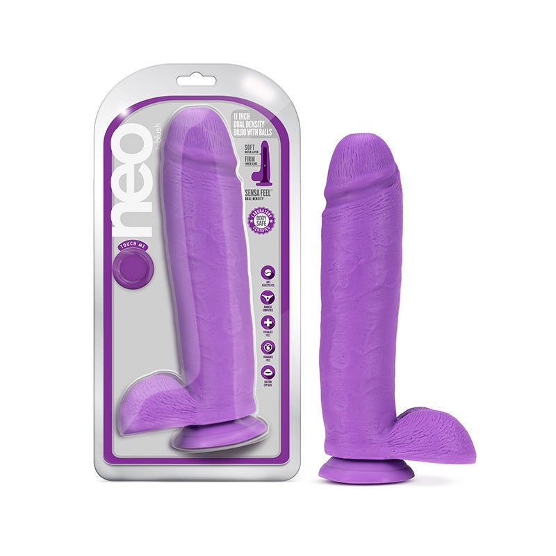 Neo 11 in. Dual Density Dildo with Balls Neon Purple - Royal Sins