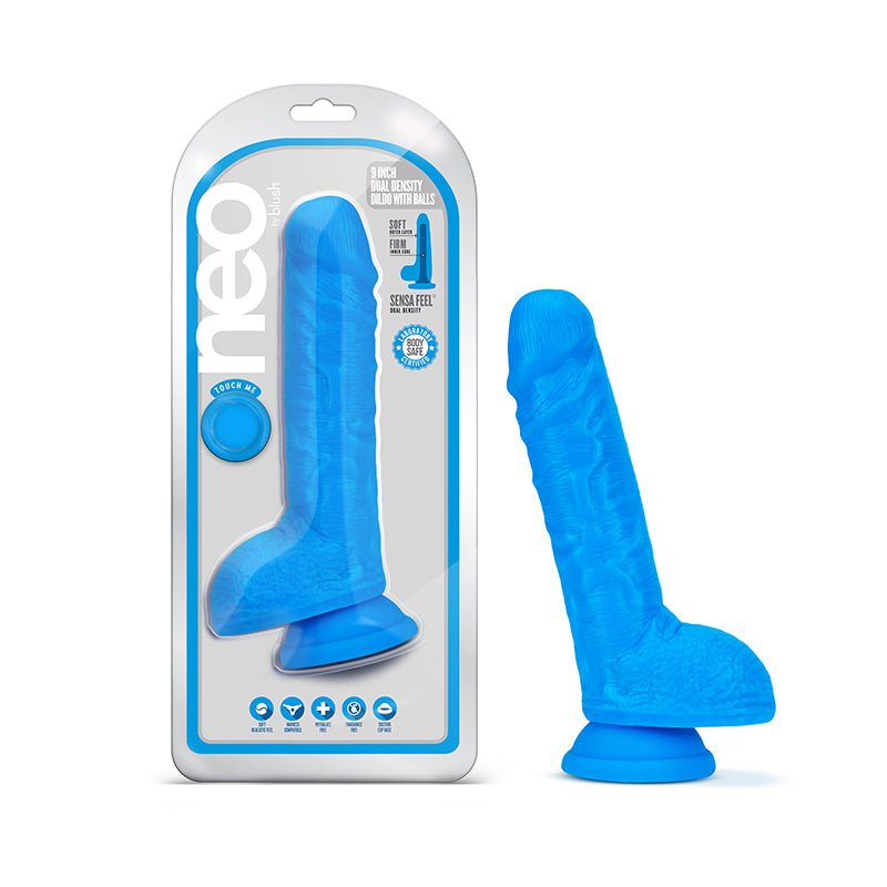Neo 9 in. Dual Density Dildo with Balls Neon Blue - Royal Sins