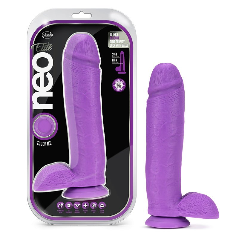 Neo Elite 10 in. Silicone Dual Density Dildo with Balls & Suction Cup Neon Purple - Royal Sins