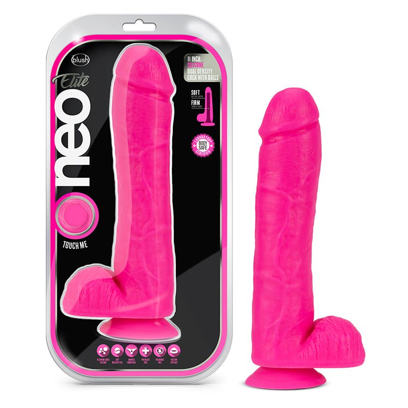 Neo Elite 11 in. Silicone Dual Density Dildo with Balls Neon Pink - Royal Sins