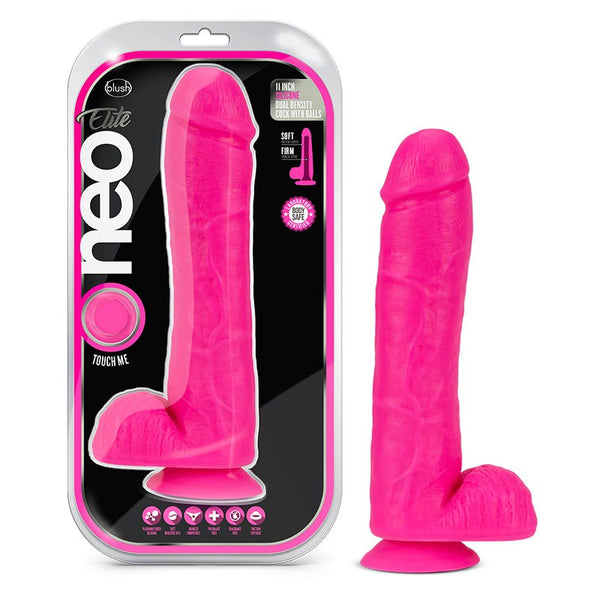 Neo Elite 11 in. Silicone Dual Density Dildo with Balls Neon Pink - Royal Sins